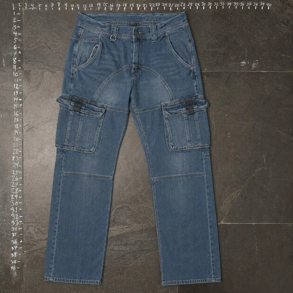 The Room Collective Armani Exchange A|X blue denim cargo jeans size 33 with contrast stitching and zippered rear pockets.