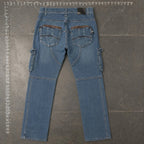 The Room Collective Armani Exchange A|X blue denim cargo jeans size 33 with contrast stitching and zippered rear pockets.