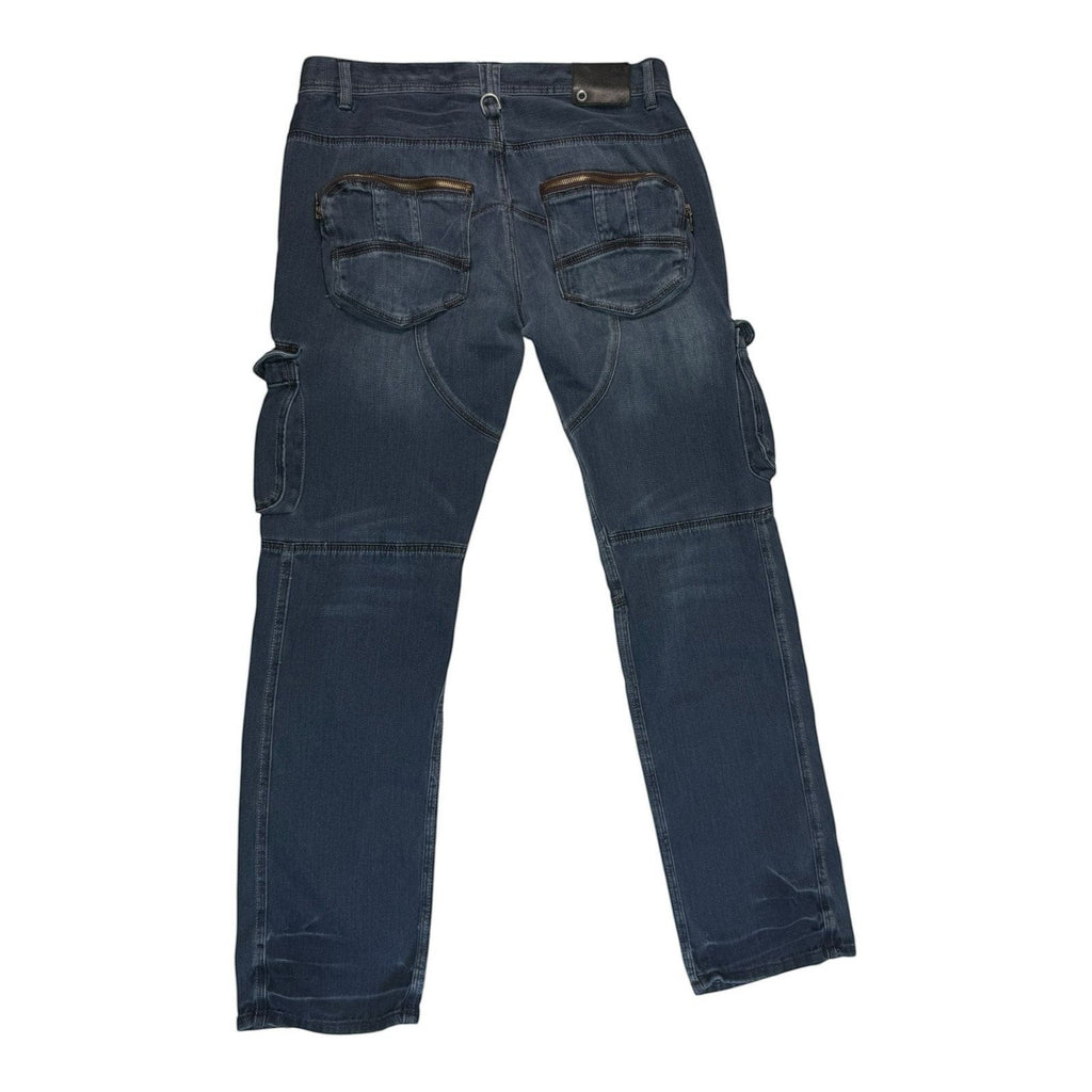 The Room Collective Armani Exchange Men's A|X dark wash denim biker cargo jeans with zipper accents and six-pocket design.