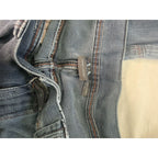 The Room Collective Armani Exchange Men's Dark Wash Biker Cargo Denim Jeans, size 33, with reinforced stitching and zipper accents.