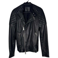 The Room Collective black leather biker jacket for men with quilted shoulders and asymmetric zip front.