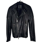 The Room Collective black leather biker jacket for men with quilted shoulders and asymmetric zip front.