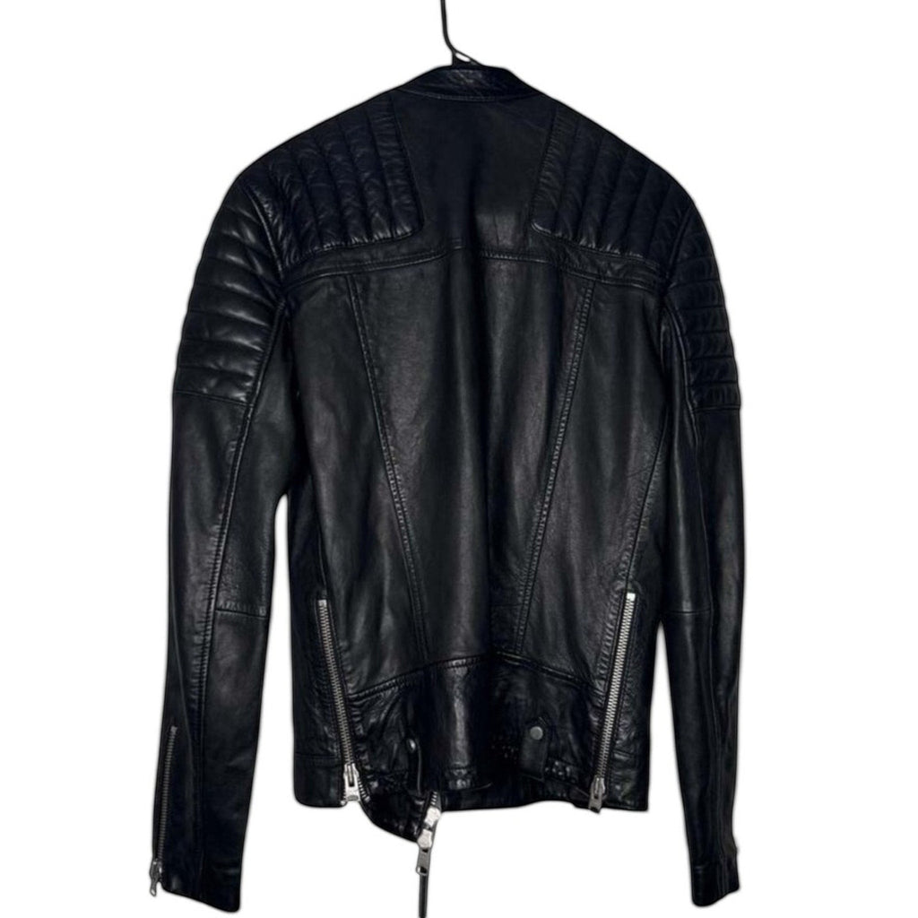 The Room Collective black leather biker jacket for men with quilted shoulders and zip details.