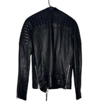 The Room Collective black leather biker jacket for men with quilted shoulders and zip details.
