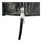The Room Collective black leather biker jacket with asymmetric zip and AllSaints branding on zipper pull.