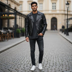 The Room Collective black leather biker jacket with quilted shoulders on a man wearing a grey t-shirt and black jeans.