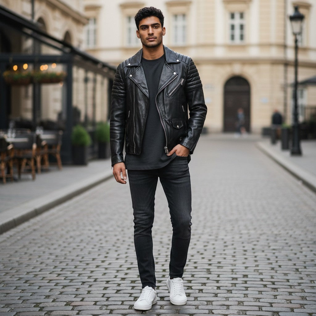 The Room Collective black leather biker jacket with quilted shoulders on a man wearing a grey t-shirt and black jeans.
