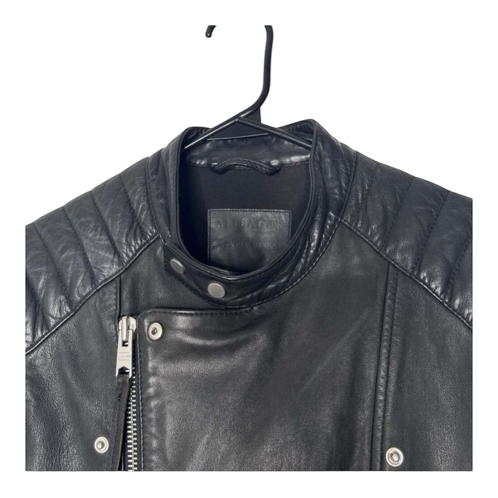 The Room Collective black leather biker jacket for men with quilted shoulders and asymmetric zip. Size L.