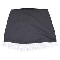 The Room Collective black mini skirt with white ruffled hem. High-waisted, slim fit, stretchy polyester/spandex blend with cotton ruffle.