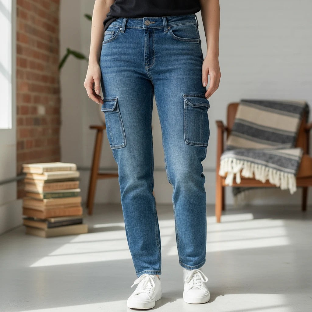 The Room Collective mid-wash denim cargo pants with multiple pockets and button closures on a woman.