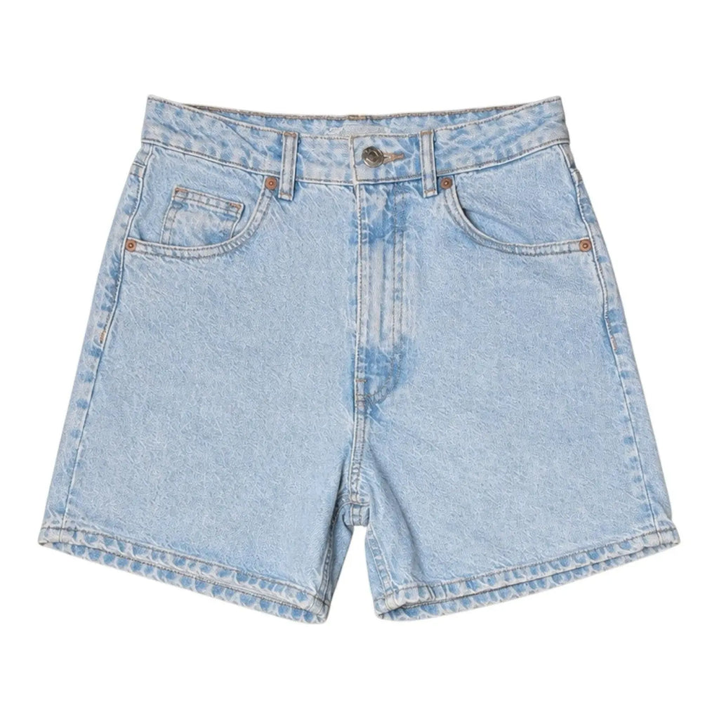 The Room Collective light wash denim shorts with five-pocket styling and zip fly. Size 4.