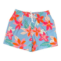 The Room Collective light blue swim trunks with pink and orange floral print, size small, featuring an elastic waistband and drawstring.
