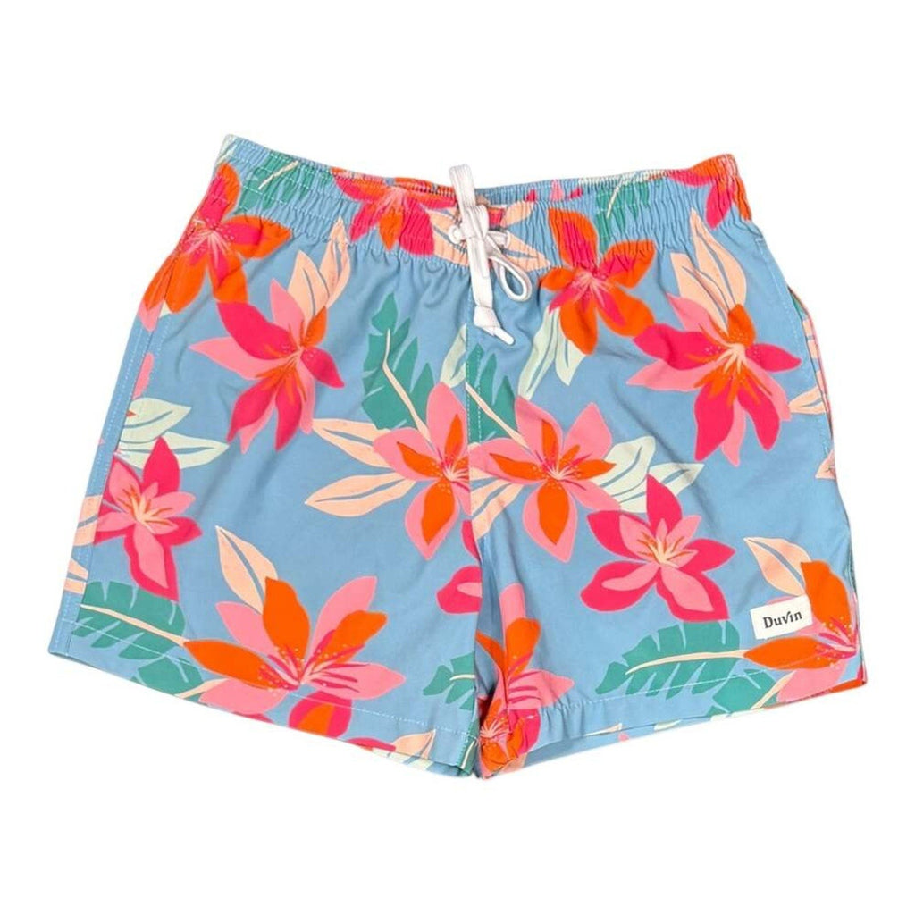 The Room Collective light blue swim trunks with pink and orange floral print, size small, featuring an elastic waistband and drawstring.