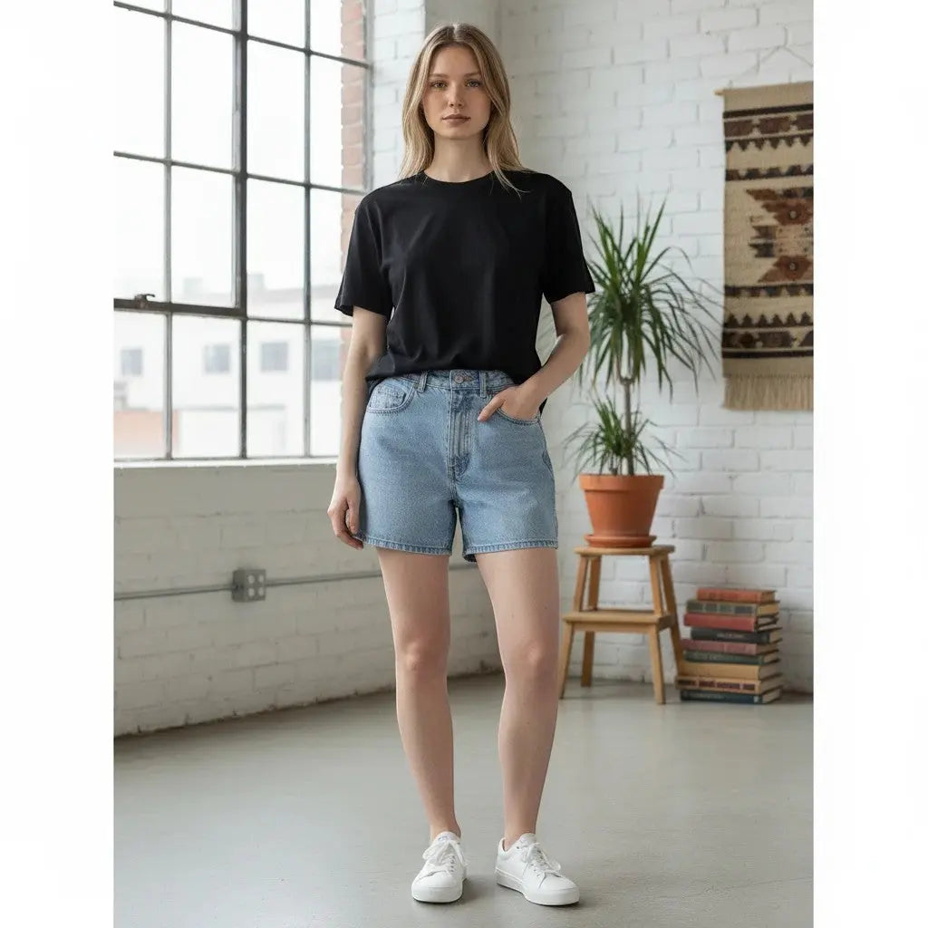 The Room Collective light wash high rise denim shorts with five-pocket styling and zip fly, worn by a model.