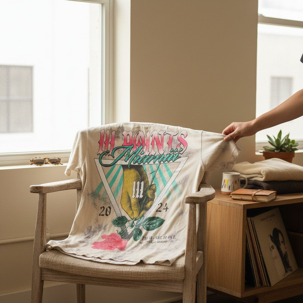 The Room Collective III Points Miami 2024 graphic t-shirt in tan and gray tie-dye. Features a hand and rose design on front and lineup on back. Size Small.