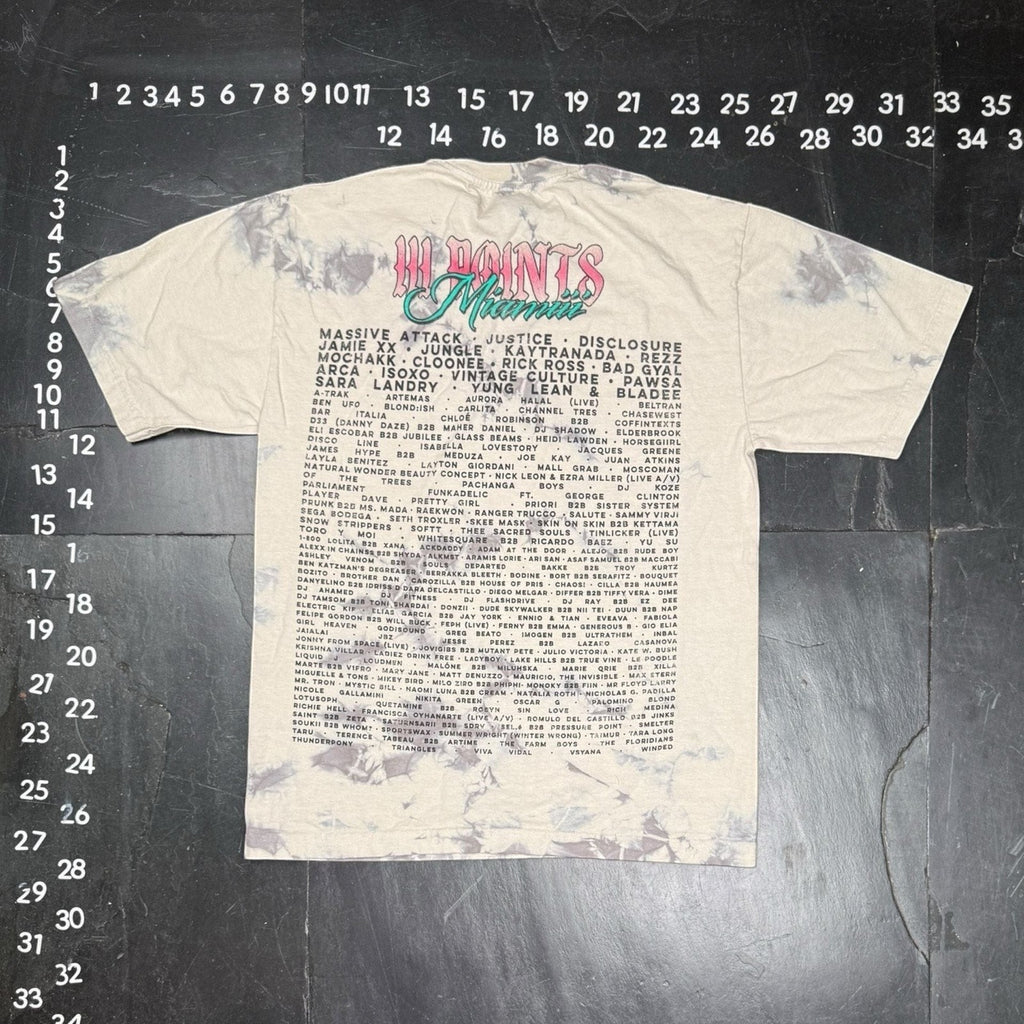 The Room Collective gray and tan tie-dye graphic t-shirt with III Points Miami 2024 lineup and hand-rose design. Size Small.