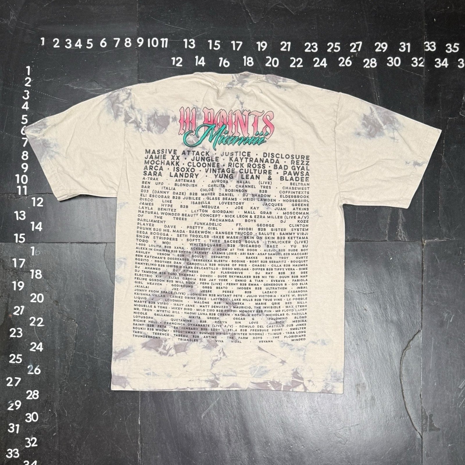 The Room Collective gray and tan tie-dye graphic t-shirt with III Points Miami 2024 lineup and hand-rose design. Size Small.