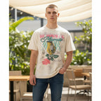 The Room Collective III Points Miami 2024 graphic t-shirt in tan and gray tie-dye cotton. Features a hand and rose design on the front and festival lineup on the back. Size Small.