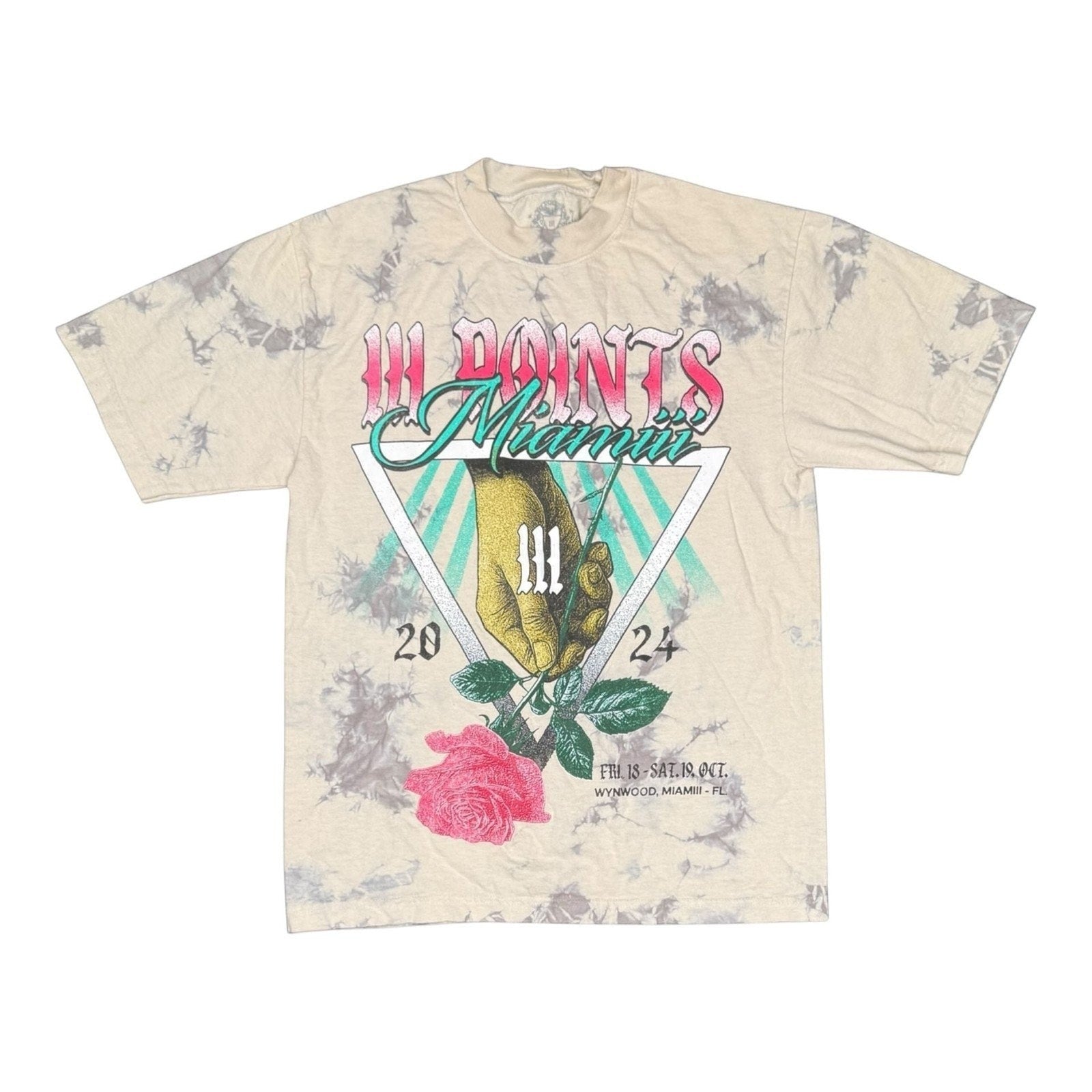 The Room Collective gray and tan tie-dye cotton t-shirt with III Points Miami 2024 graphic, hand and rose design, and lineup on back. Size Small.