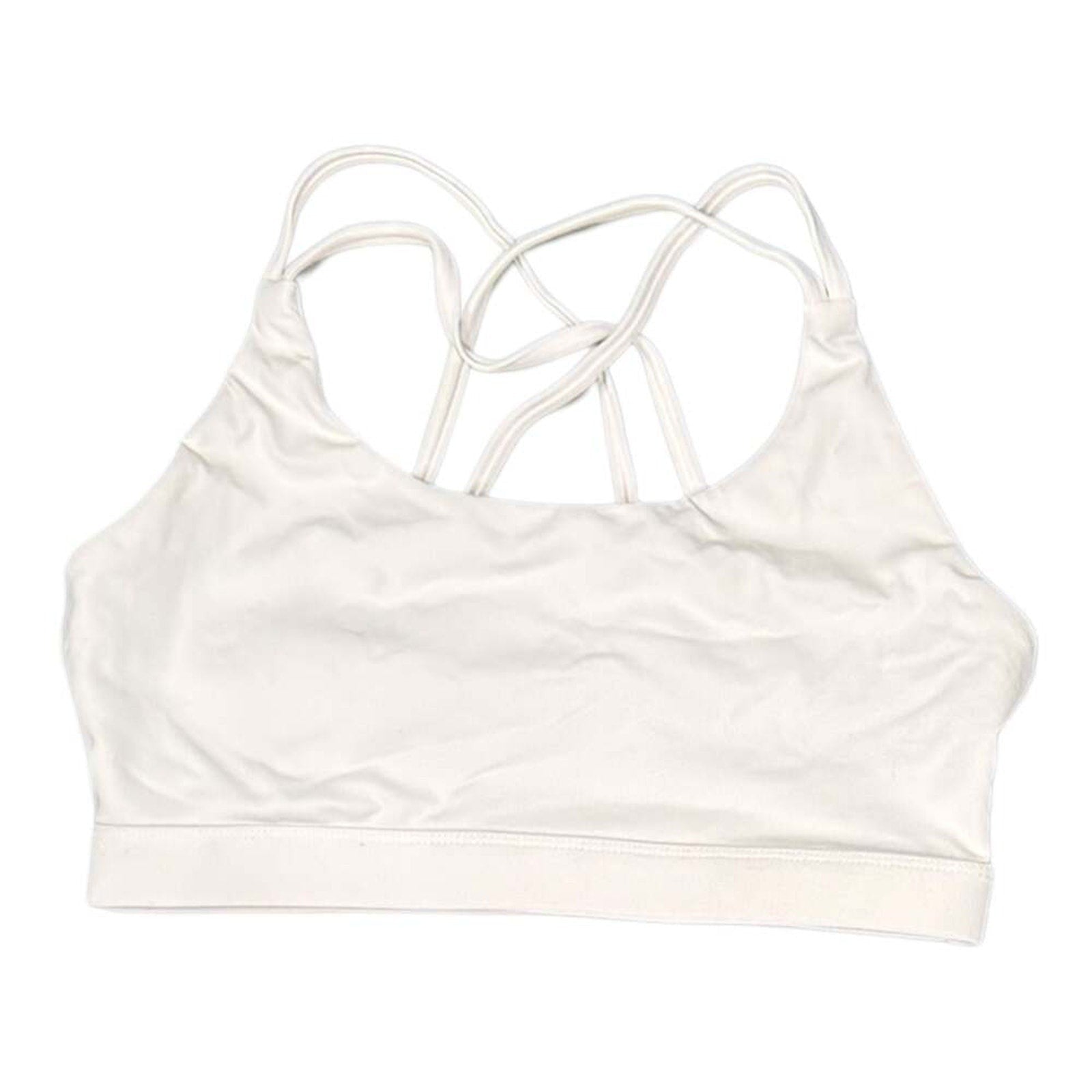 The Room Collective white Lululemon Free to Be Serene bra with strappy back detail, size M. Light support for yoga.