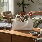 The Room Collective white Lululemon Free to Be Serene bra with strappy back detail, size M. Made from nylon and spandex blend.