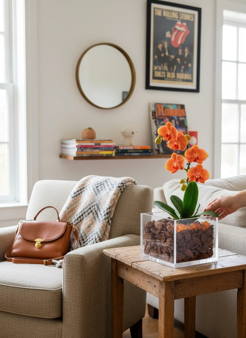 The Room Collective live orange mini orchid in a clear acrylic vase with carnelian stones, styled on a wooden side table.