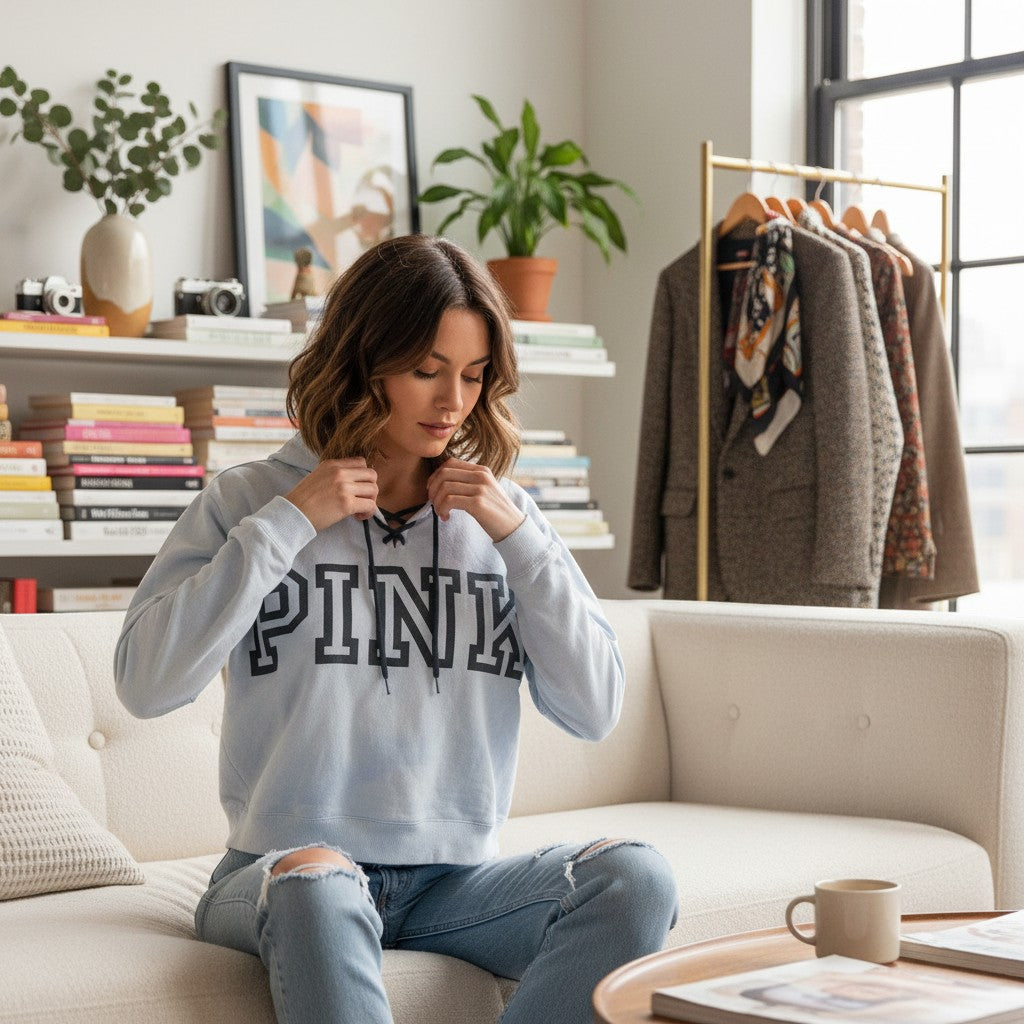 The Room Collective light blue lace-up tie-dye hoodie with PINK logo on chest, size M.