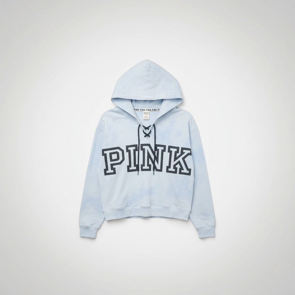The Room Collective light blue and white tie-dye hoodie with lace-up detail and PINK logo, size M.