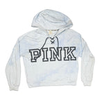 The Room Collective Victoria's Secret PINK light blue tie-dye hoodie with lace-up detail and black logo, size M.