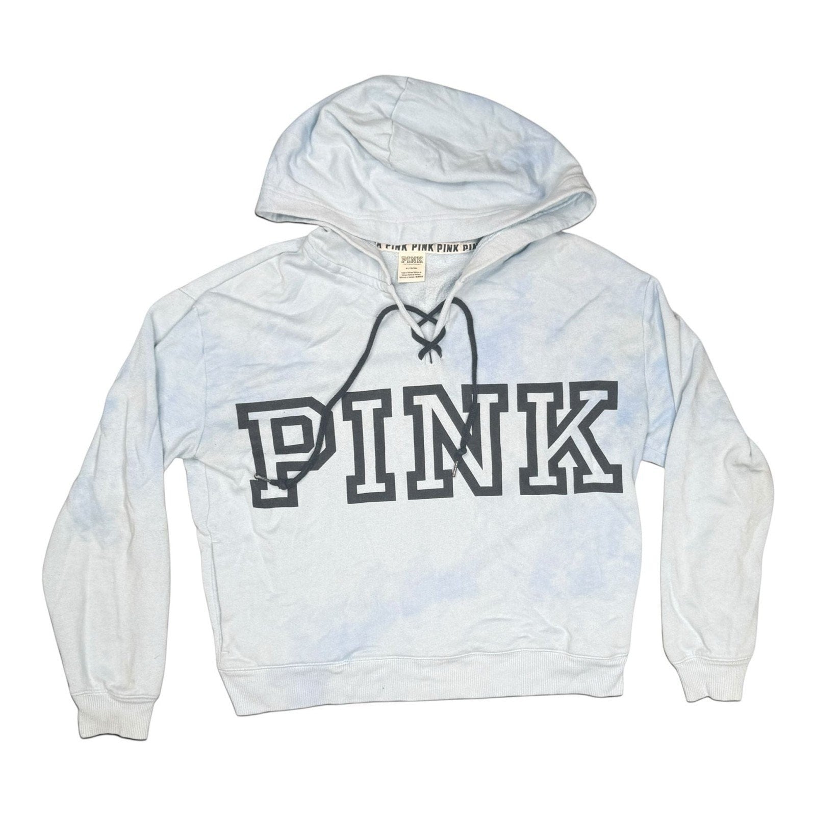 The Room Collective Victoria's Secret PINK light blue tie-dye hoodie with lace-up detail and black logo, size M.