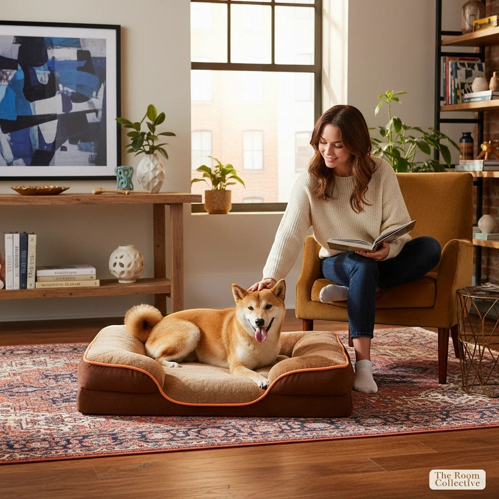 The Room Collective plush bolster pet bed in brown with orange piping, featuring a Shiba Inu resting in a living room.