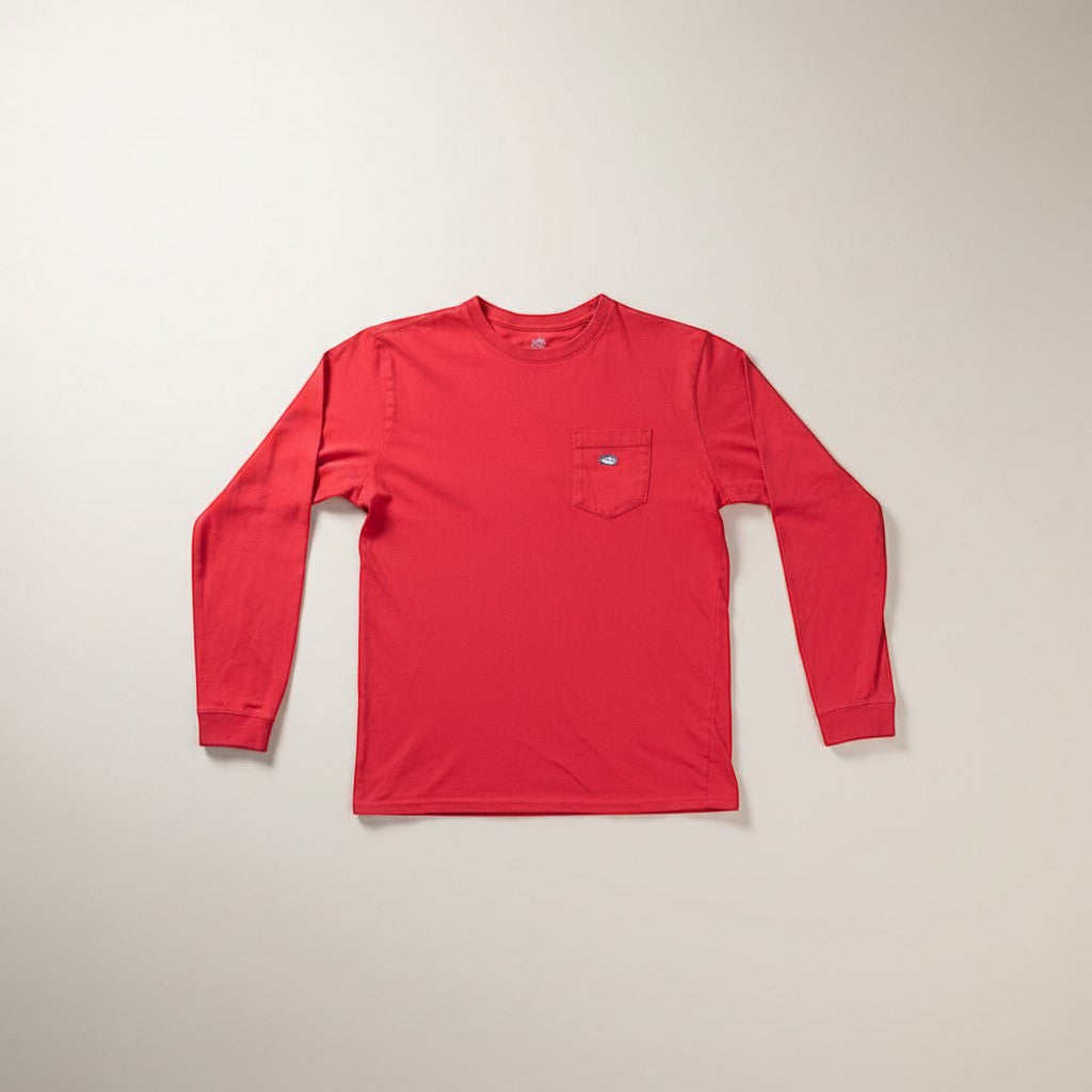 The Room Collective Men's red 100% cotton long sleeve t-shirt with chest pocket and skipjack logo, size Small.