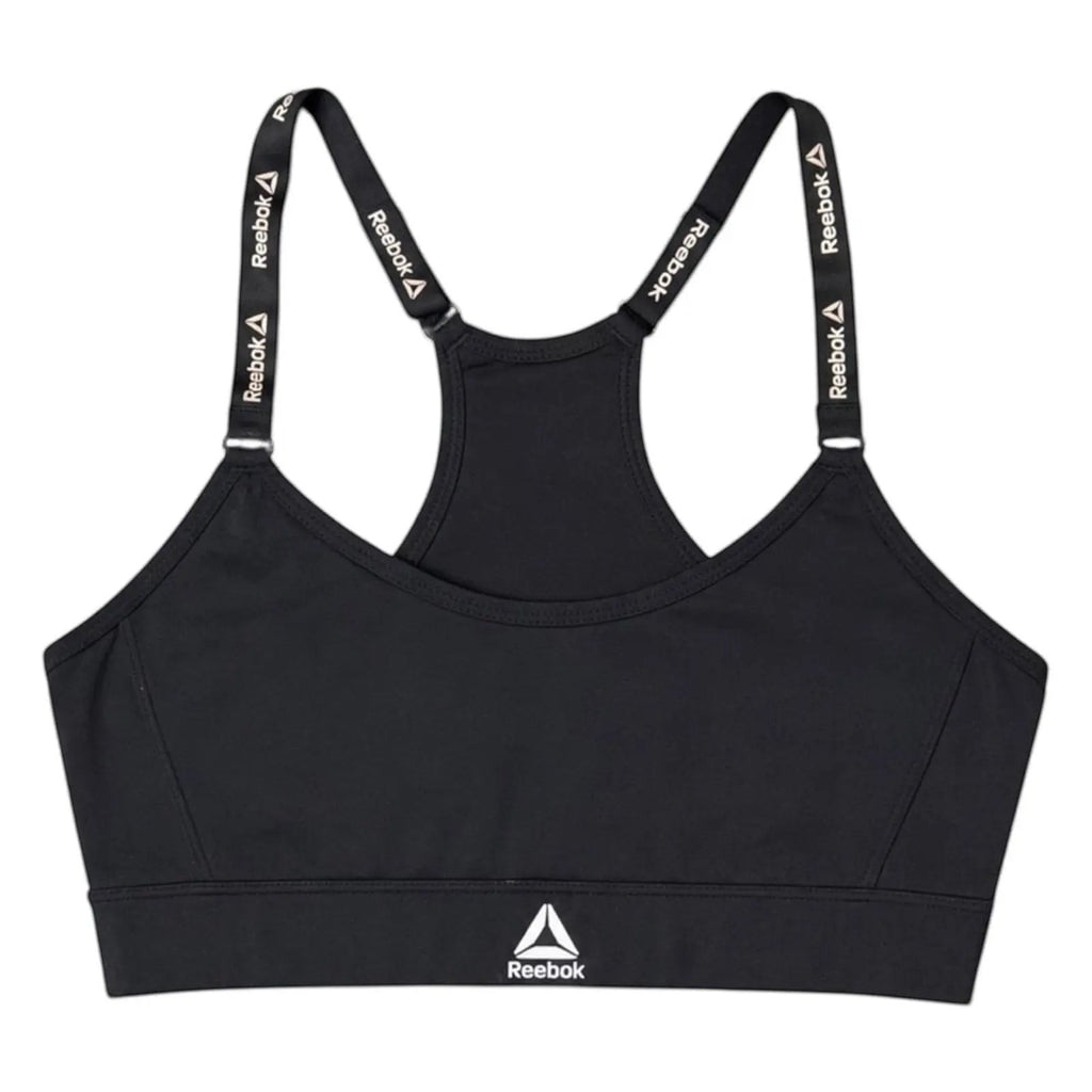 The Room Collective Reebok black logo strap sports bra, size S. Racerback design with performance blend fabric.