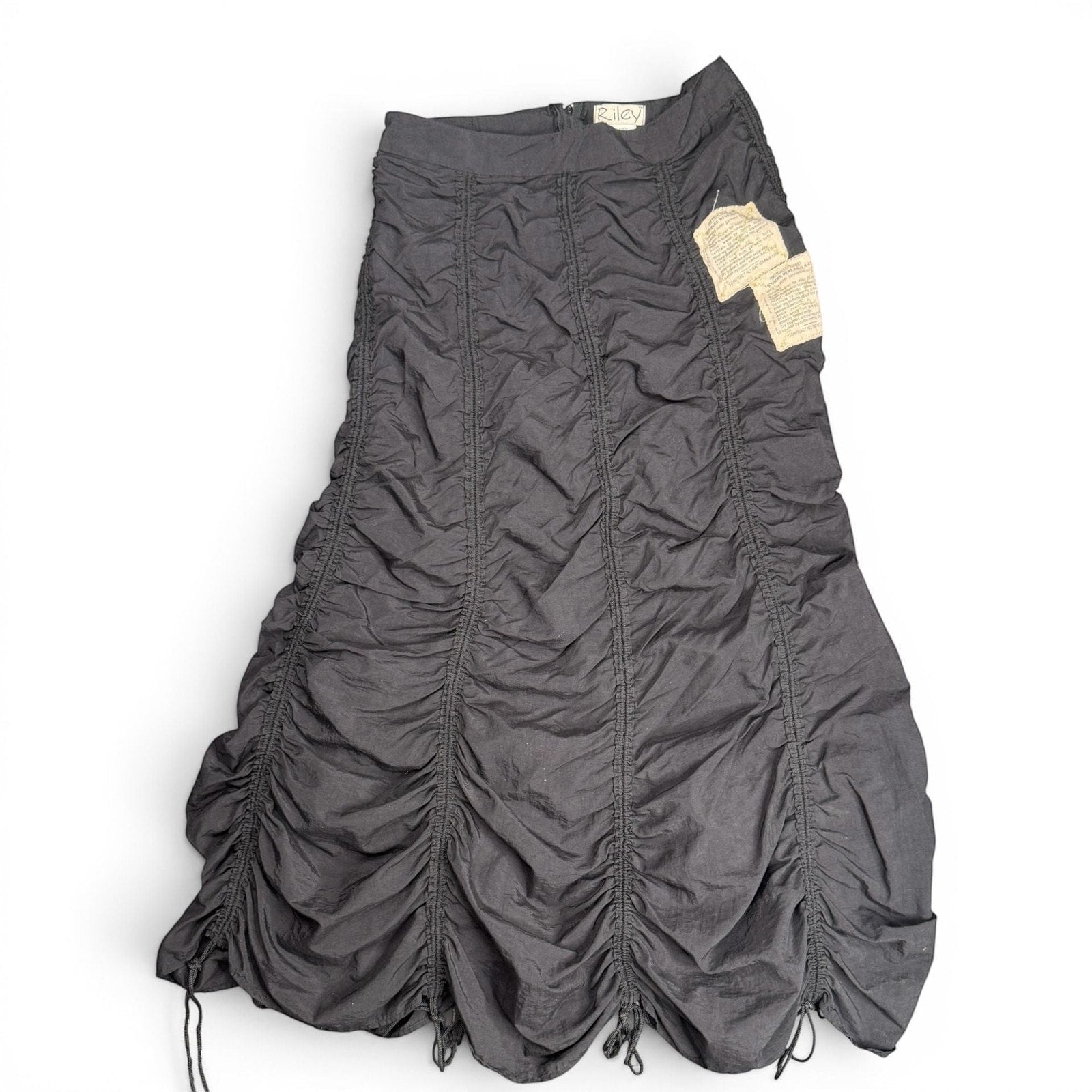 The Room Collective Riley black ruched nylon parachute skirt with adjustable hem and vintage labels. Size S.