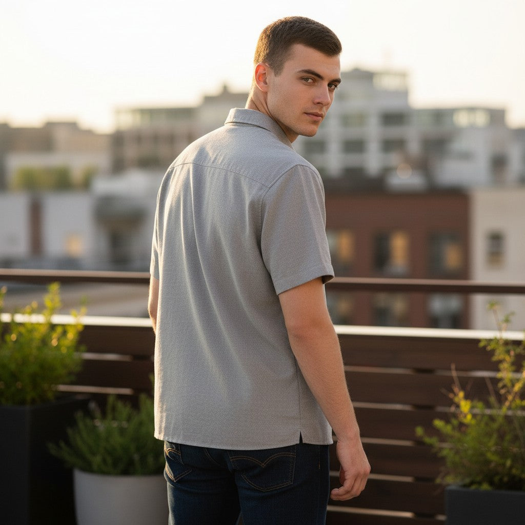 The Room Collective AllSaints grey short sleeve button-down shirt with textured fabric and Ramskull logo detail. Men's size L.
