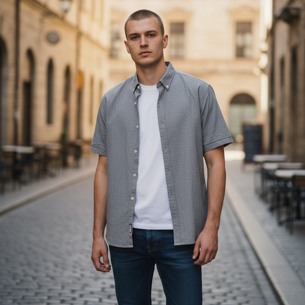 The Room Collective AllSaints Huntingdon grey short sleeve button-down shirt with Ramskull logo. Slim fit, textured cotton blend.