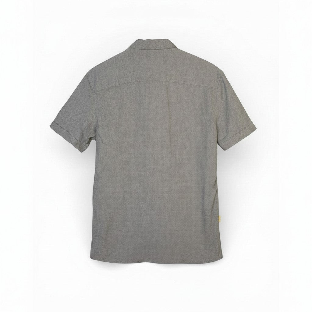 The Room Collective AllSaints Huntingdon grey short sleeve button-down shirt with Ramskull logo, size L. Textured cotton blend fabric.