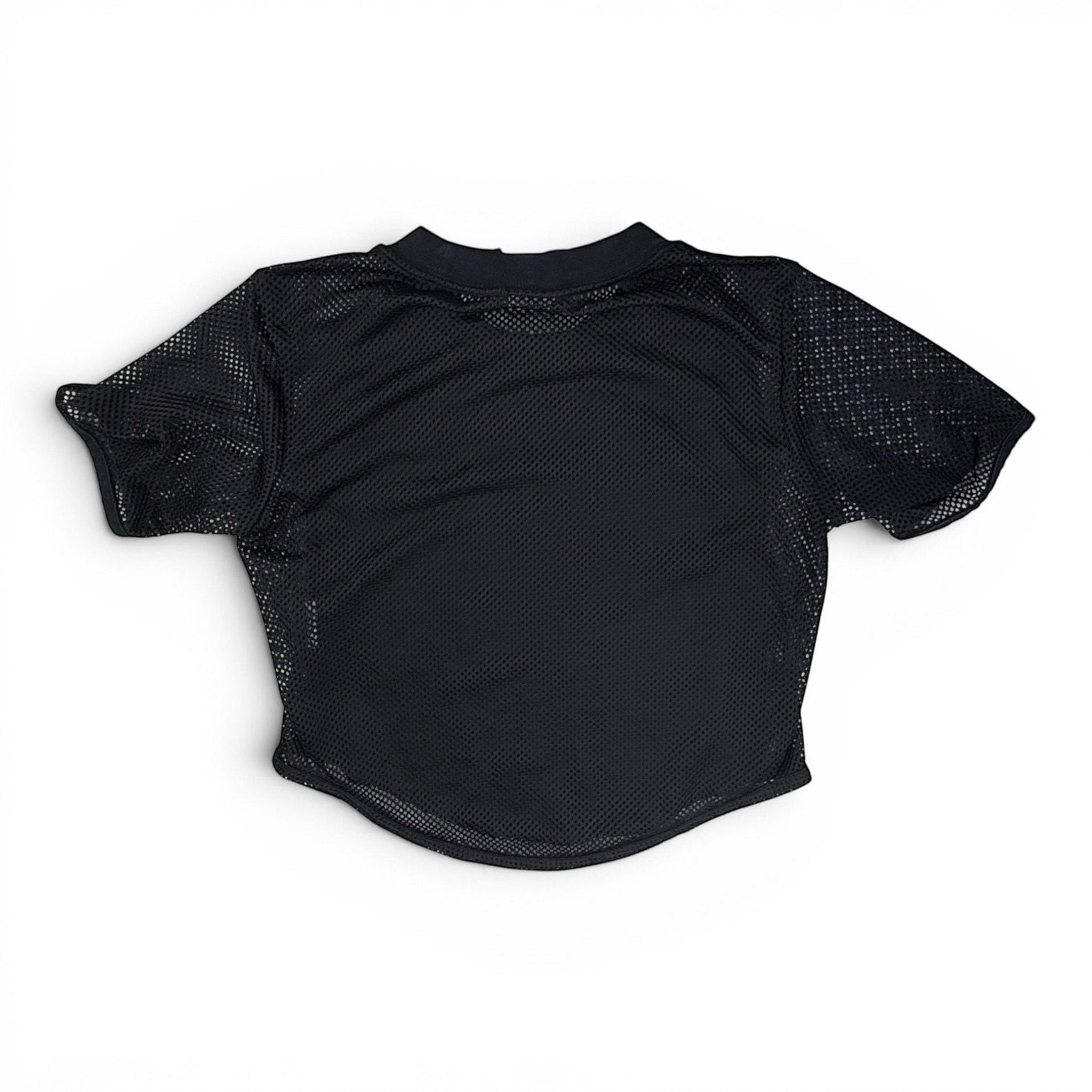 The Room Collective black Nike mesh short sleeve crop top with a white swoosh on the front, size XS.