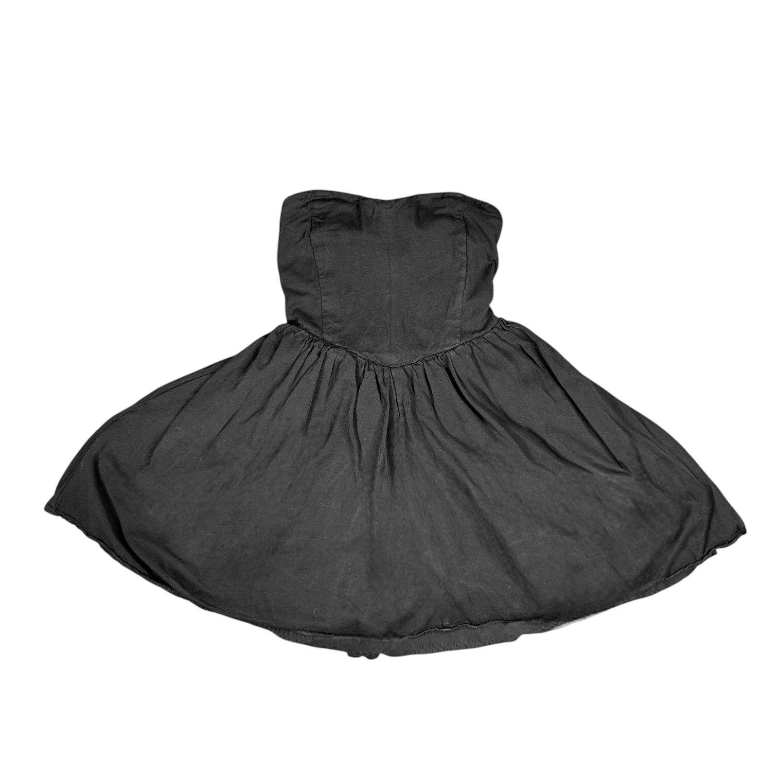The Room Collective black strapless sweetheart mini dress with shirred back and flared skirt. Size Medium.