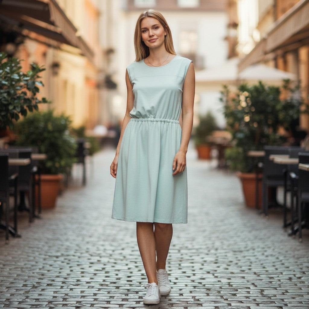 The Room Collective spray green sleeveless drawstring waist dress with pockets. Lightweight and breathable, perfect for casual wear or travel.