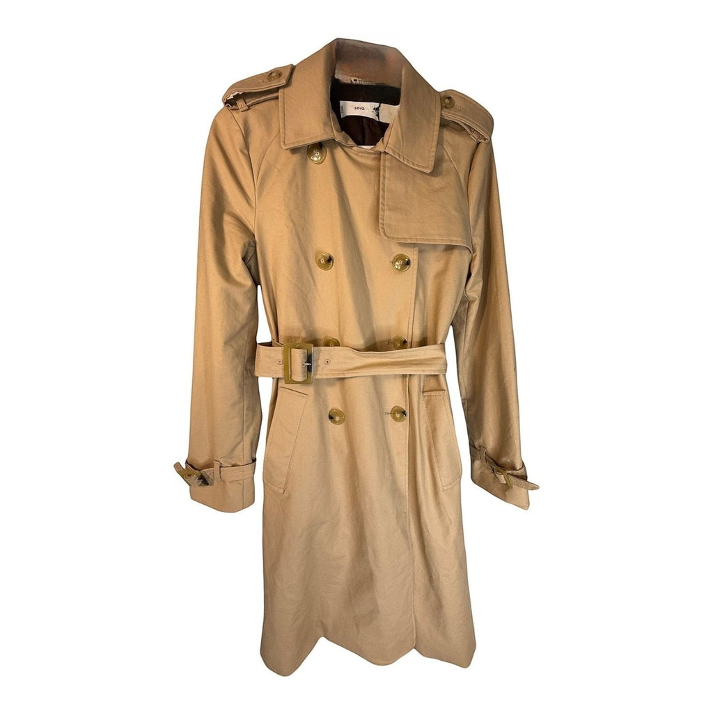 The Room Collective Khaki Tan Mango Double-Breasted Belted Trench Coat, size M. Classic cotton-blend trench with gold buckle belt, epaulettes, and belted cuffs.