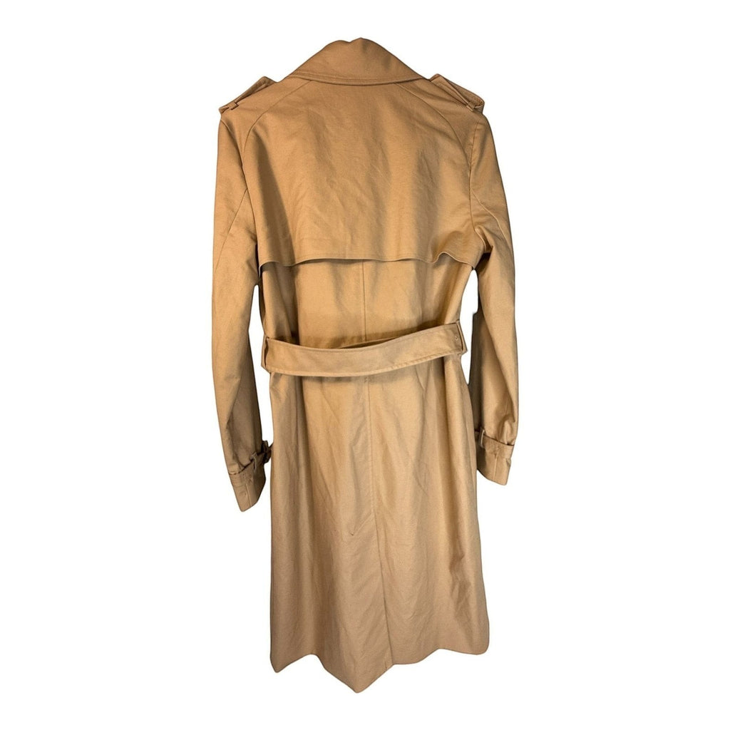 The Room Collective Khaki Tan double-breasted belted trench coat with epaulettes and storm flap.