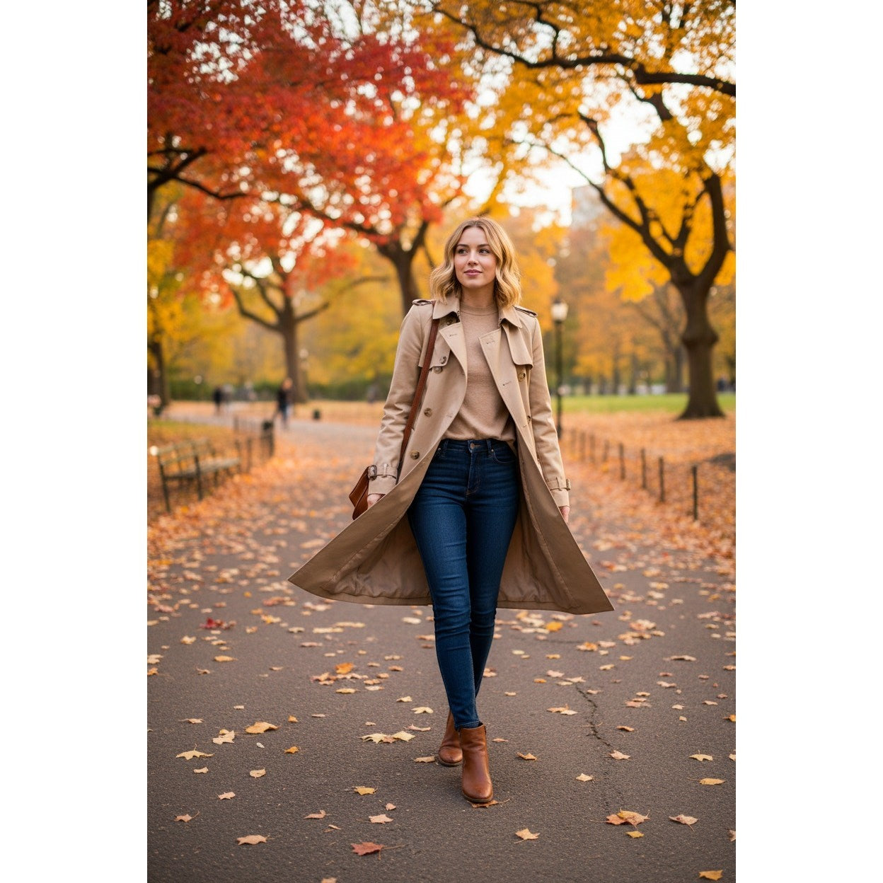 The Room Collective's Khaki Tan double-breasted trench coat with belted waist and cuffs, worn by a woman in jeans and boots.