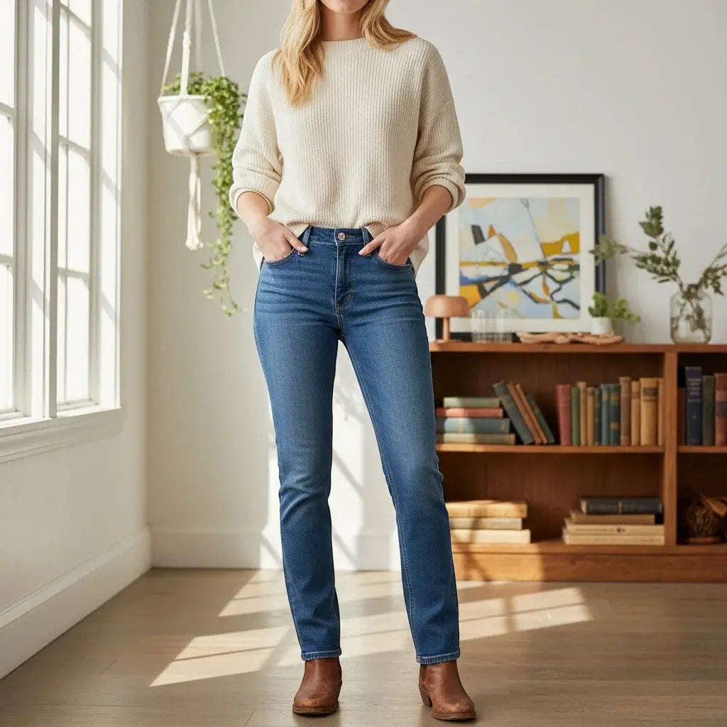 The Room Collective Levi's Women's Bootcut Denim Jeans in mid-blue wash, featuring a mid-rise waist and five-pocket styling.