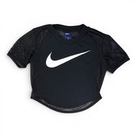 The Room Collective Nike Women's black mesh short sleeve crop top with white swoosh logo. Size XS.