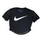 The Room Collective Nike Women's black mesh short sleeve crop top with white swoosh logo. Size XS.