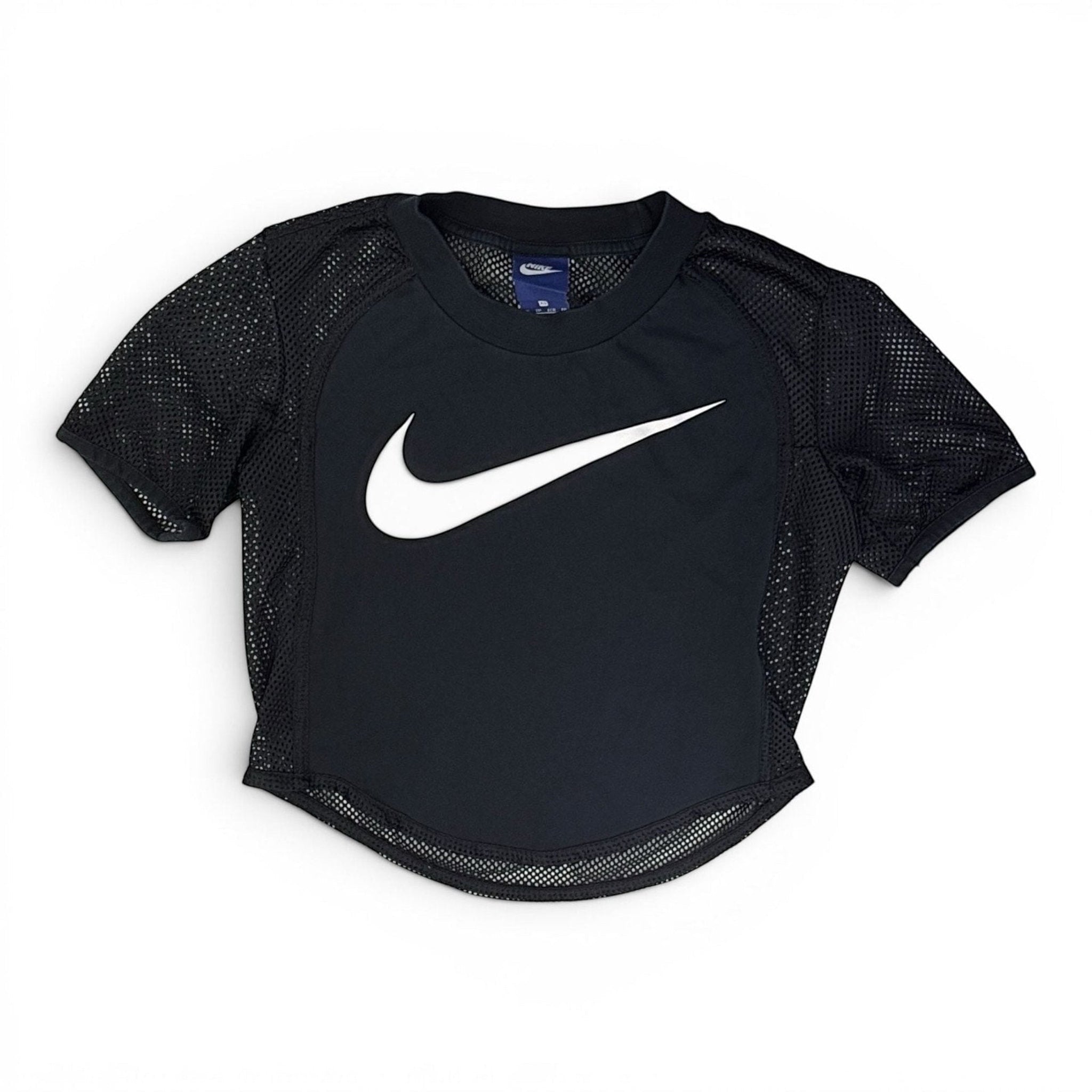 The Room Collective Nike Women's black mesh short sleeve crop top with white swoosh logo. Size XS.