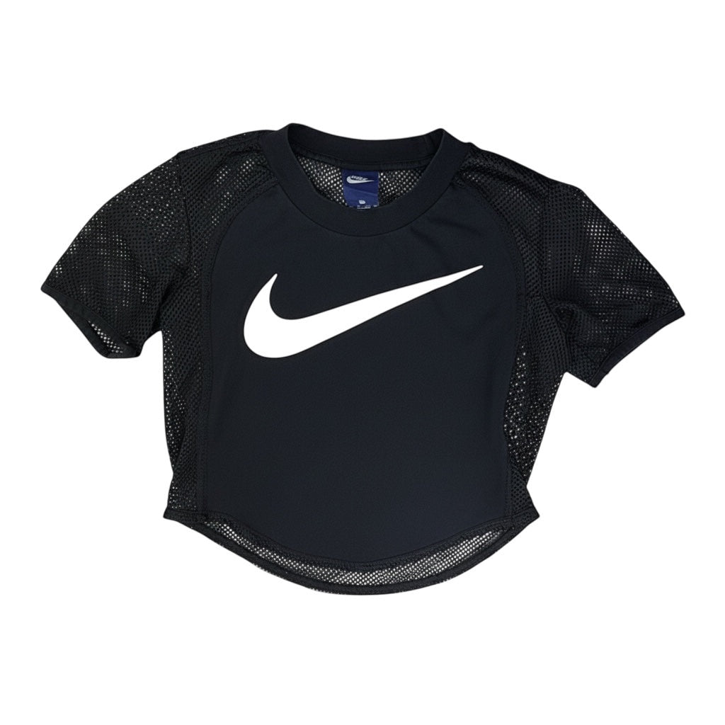 The Room Collective Nike Women's black mesh short sleeve crop top with white swoosh logo. Size XS.