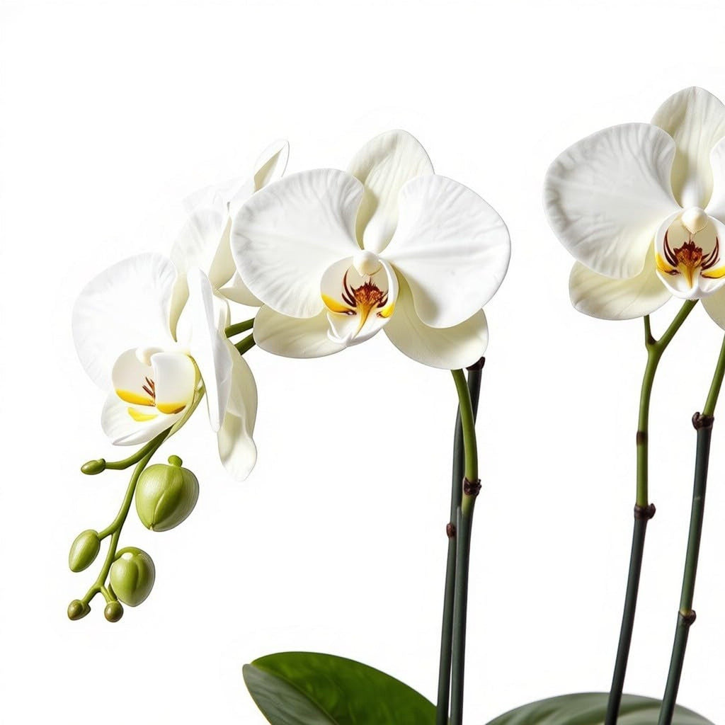 The Room Collective white double stem Phalaenopsis orchid plant with yellow and maroon accents on blooms and green buds.