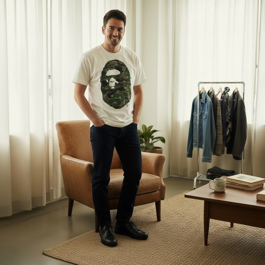 The Room Collective white 100% cotton t-shirt with a green and brown tiger camo Big Ape Head graphic. Model wears size M.